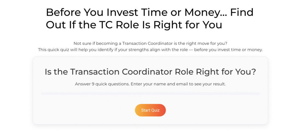 How to Successfully Become a Transaction Coordinator as a Career Change 2 screen shot of the Transaction Coordinator Quiz page
