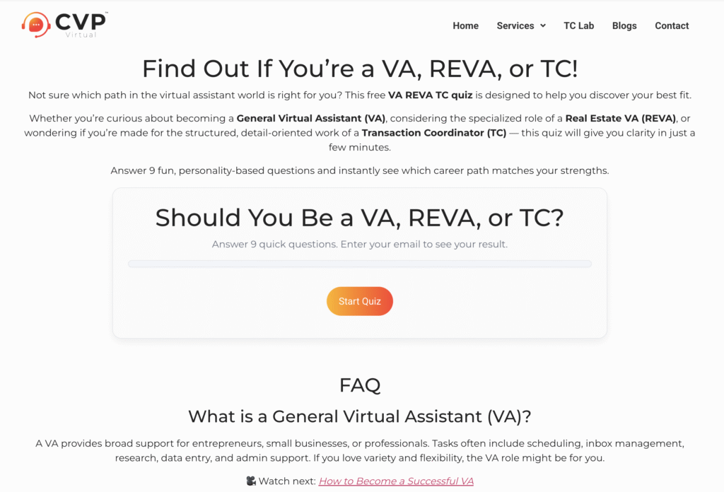 How to Transition from Admin Assistant to Transaction Coordinator 2 screenshot of the Virtual Assistant Type Quiz page