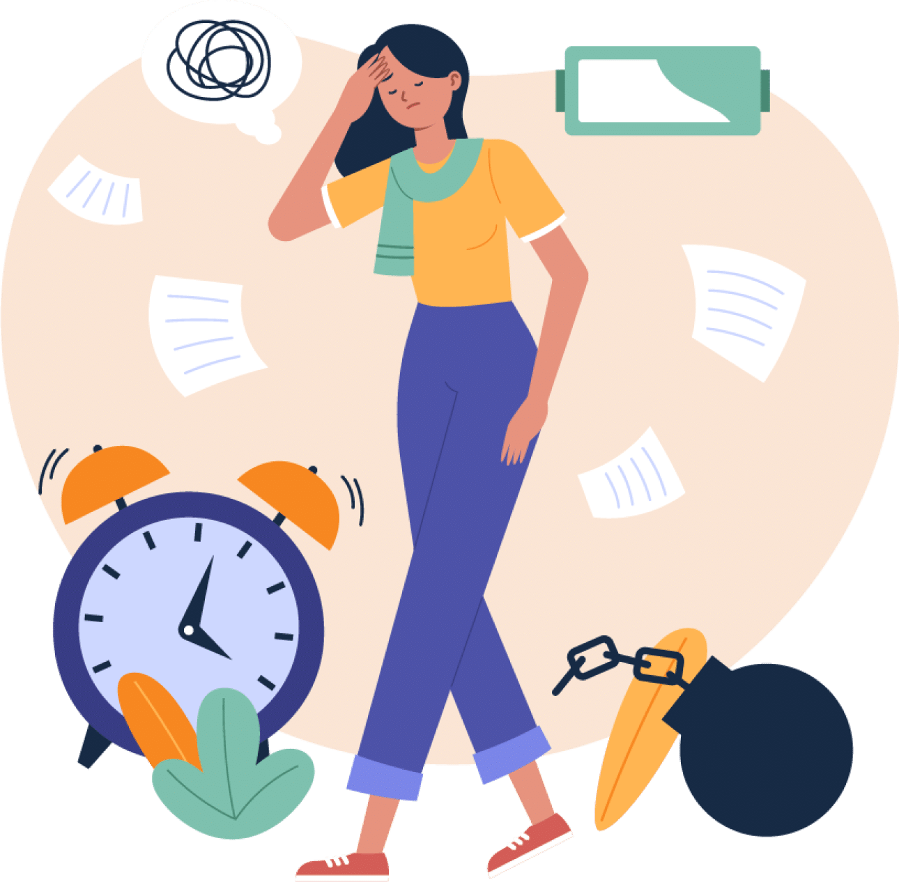 Real estate agent overwhelmed with paperwork illustration