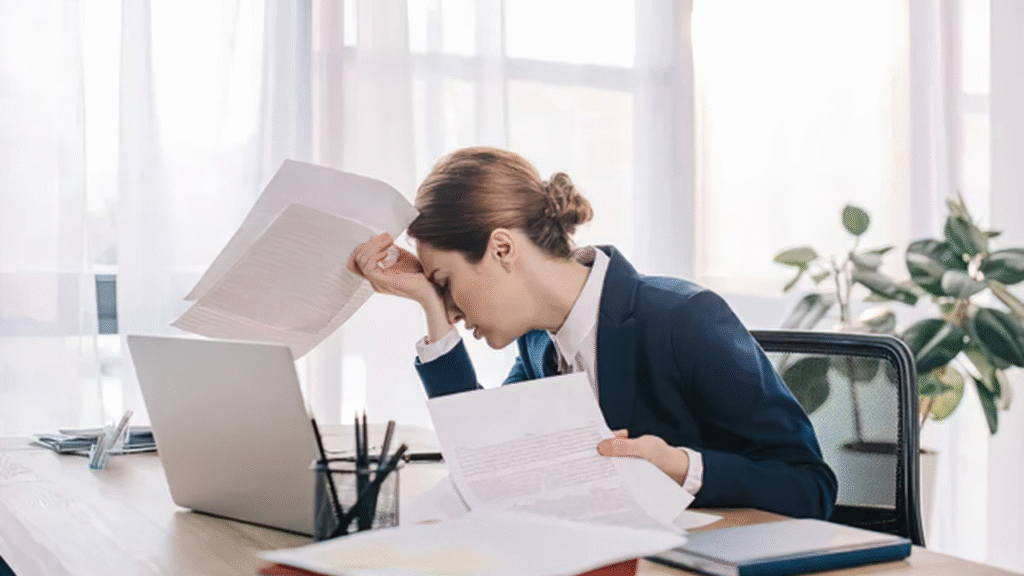 How a Transaction Coordinator Saves Realtors 10+ Hours Per Deal 1 Overwhelmed Realtor reviewing paperwork and emails at desk while managing multiple transaction deadlines and client tasks.